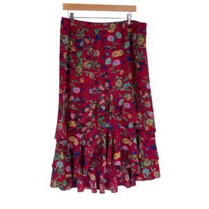 Vintage Floral Tiered Ruffle Midi Boho Artsy Cottage Fairy Skirt Lined Large